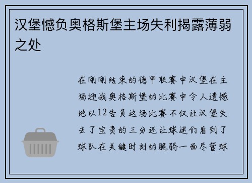 汉堡憾负奥格斯堡主场失利揭露薄弱之处