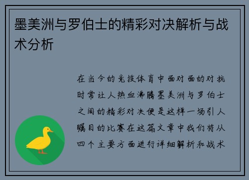 墨美洲与罗伯士的精彩对决解析与战术分析
